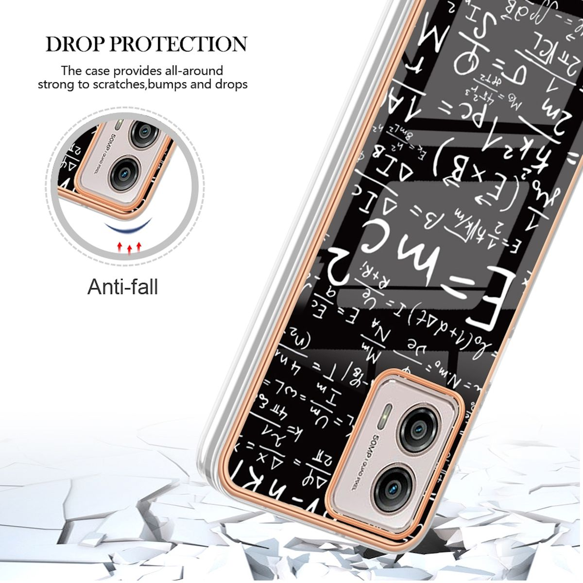 Eine Handyhülle mit mathematischem Formeldesign. Das Telefon liegt auf einer weißen Oberfläche. Text: DROP PROTECTION