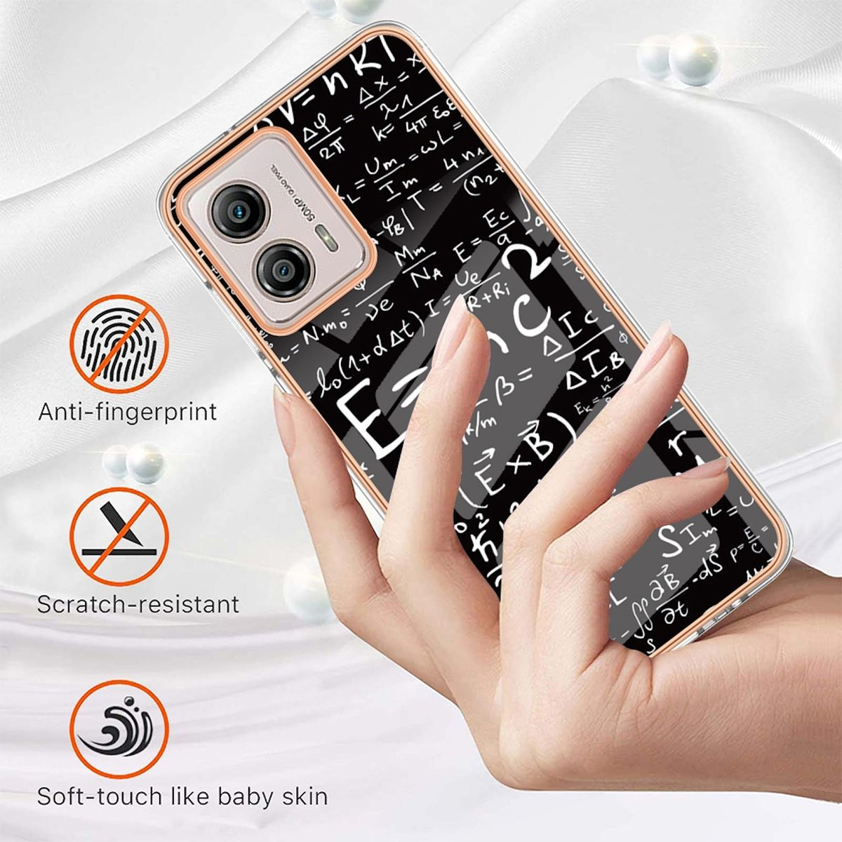 Eine Hand hält eine Handyhülle mit Matheformeln. Anti-Fingerabdruck und kratzfest.