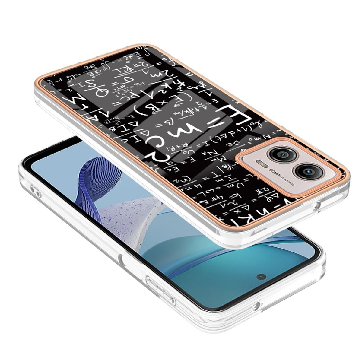 Eine Handyhülle mit mathematischen Gleichungen darauf, über einem anderen Telefon.