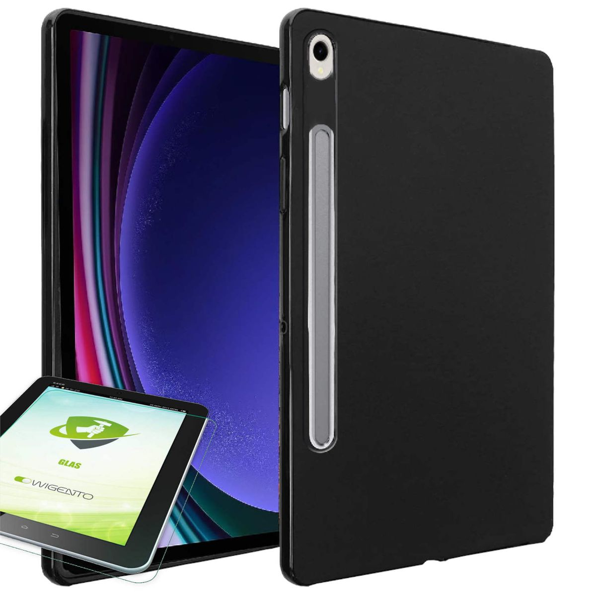 Schwarzes Tablet mit Displayschutzfolie und Hülle mit Stift auf weißem Hintergrund.