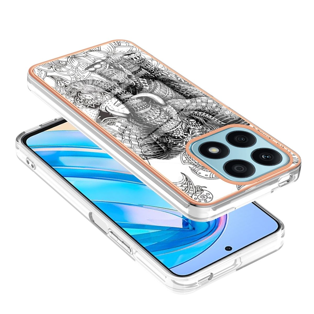 Handyhülle mit Elefantenmuster. Schwarz-weißes Design mit Goldrand, auf einem Telefon.