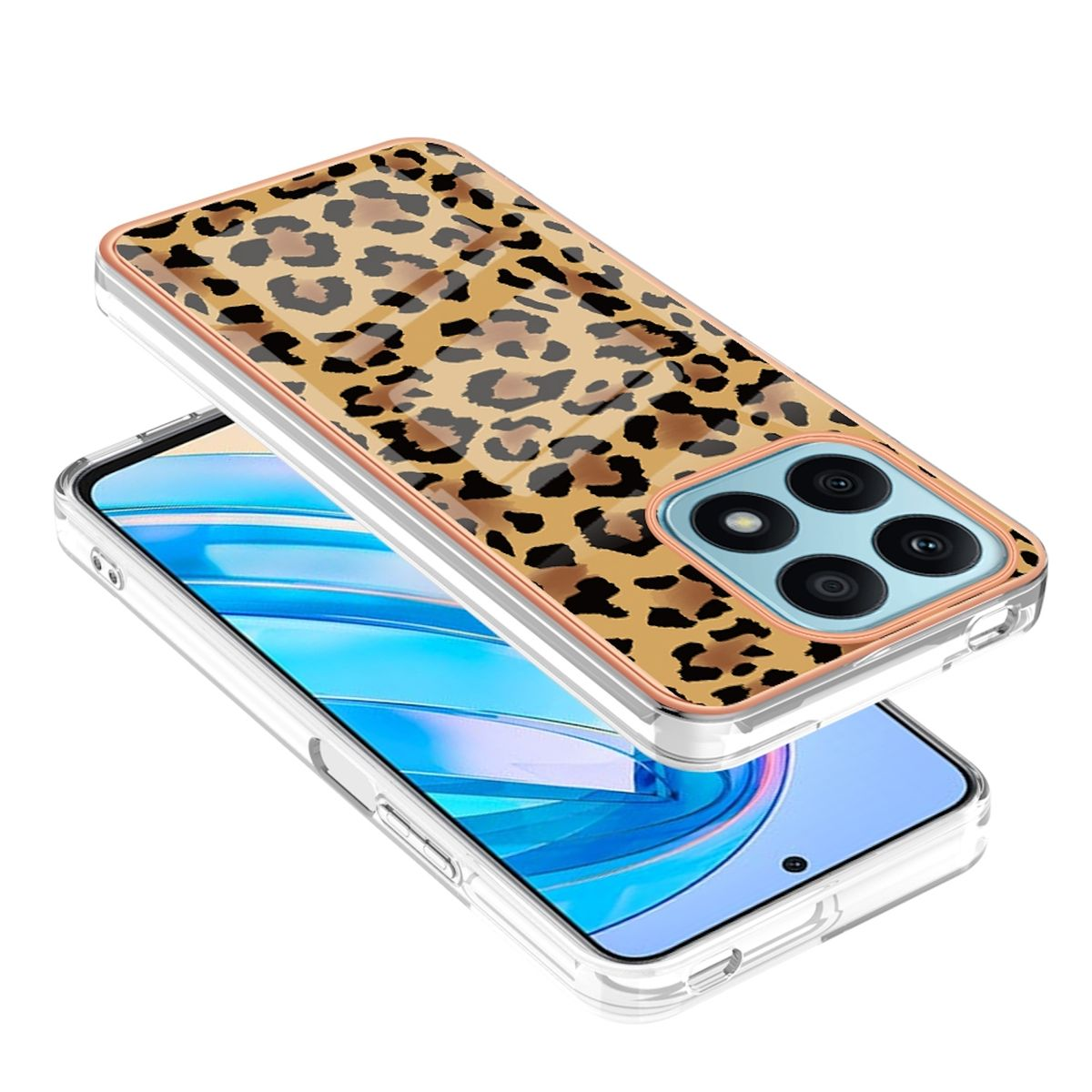 Eine Handyhülle mit Leopardenmuster liegt auf einem Smartphone.
