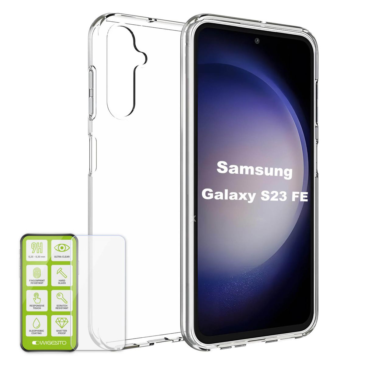 WIGENTO Produktset Galaxy FE, Transparent Silikon Samsung, Hülle Panzer Hartglas S23 Folie, H9 + dünn Schutz Backcover