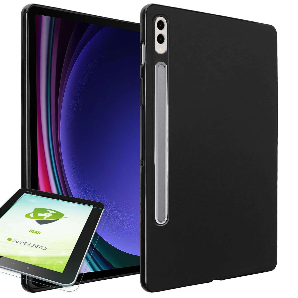 Schwarzes Tablet mit Schutzhülle und Displayschutzfolie, plus Stift.