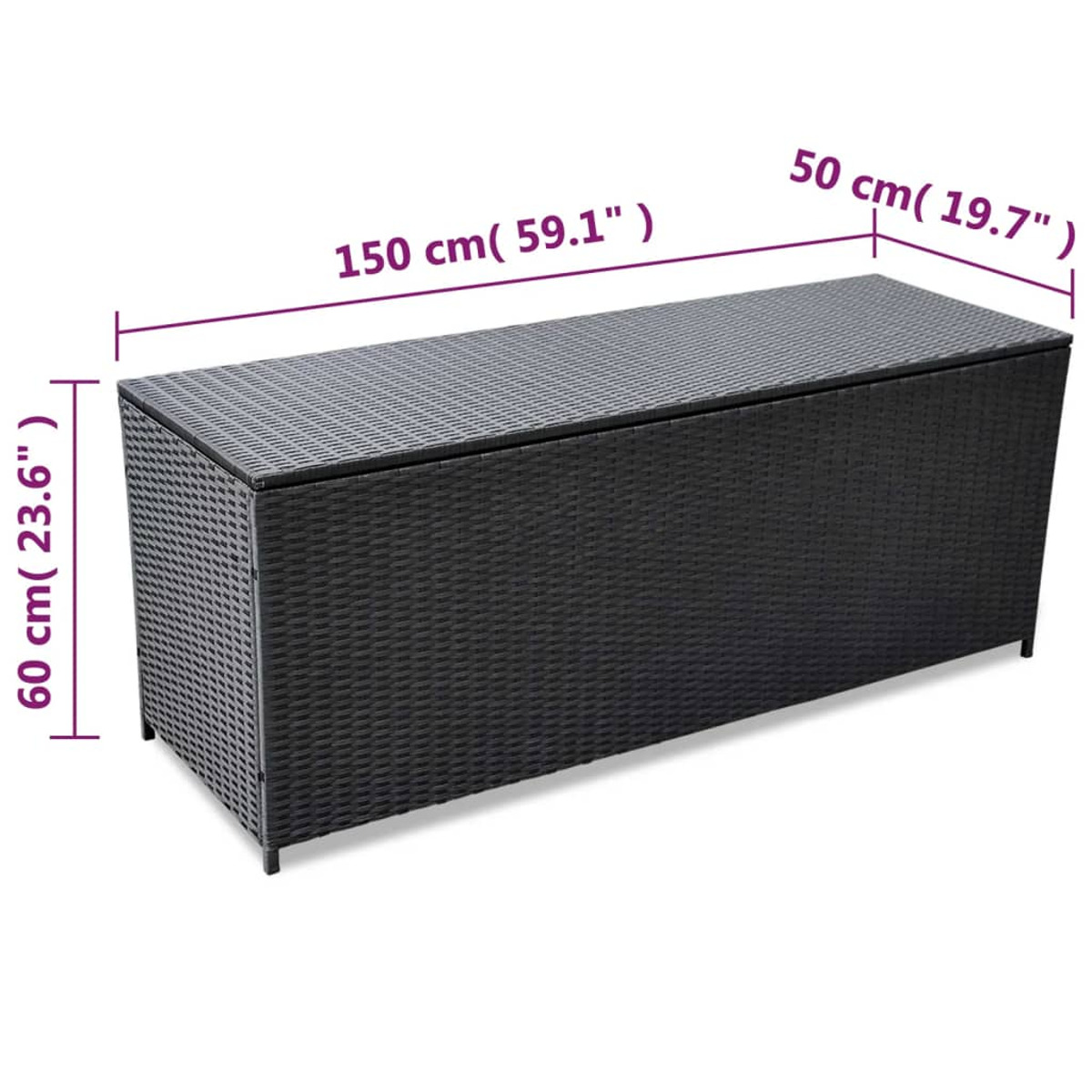 Schwarze Aufbewahrungsbox aus Korbgeflecht mit Maßangaben. Schwarz mit Deckel.