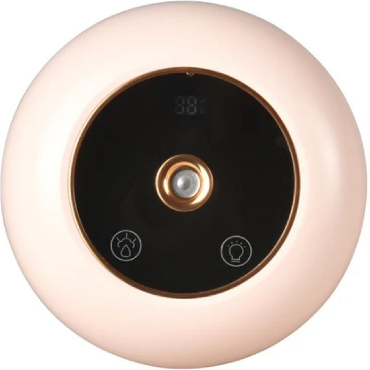 Un humidificador redondo, rosa y negro con pantalla digital y botones.