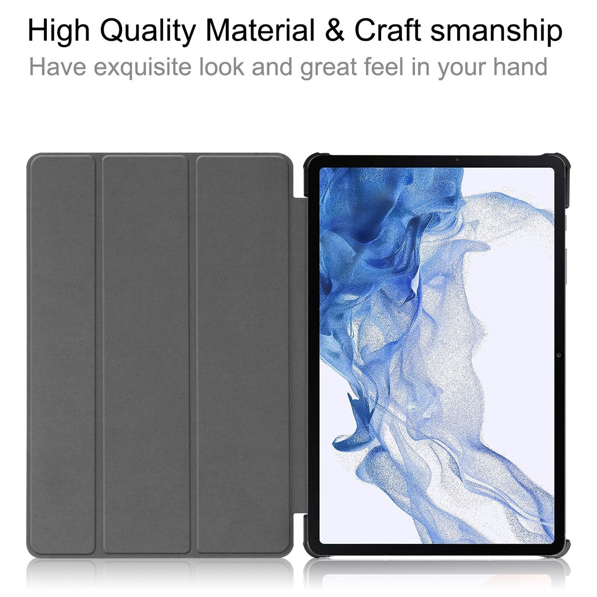 Eine graue Tablet-Hülle, geöffnet, zeigt den Tablet-Bildschirm, Text über Material & Handwerkskunst.