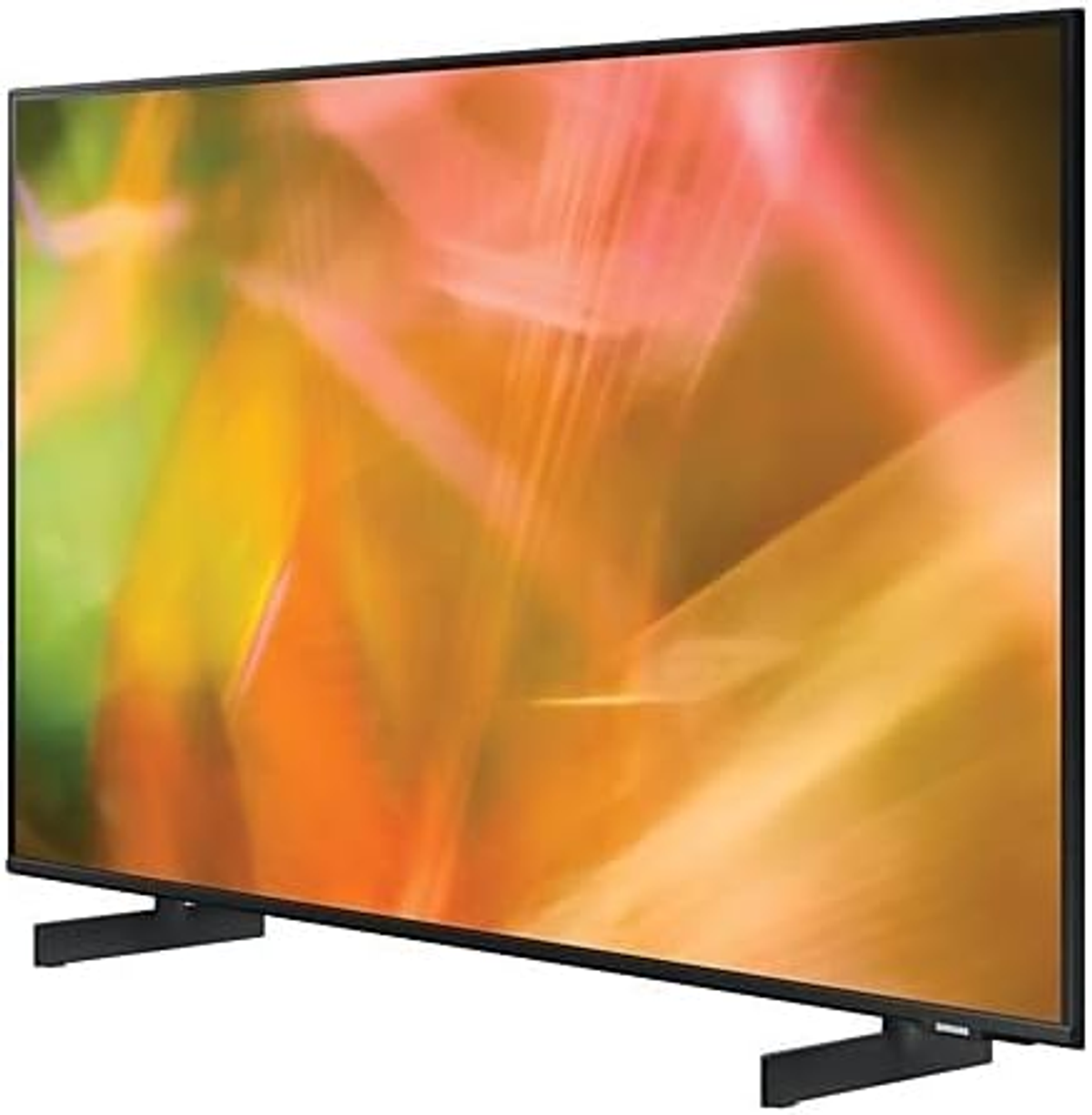 Duży telewizor z płaskim ekranem wyświetla abstrakcyjne kolory. Jest na stojaku, z czarną ramką.