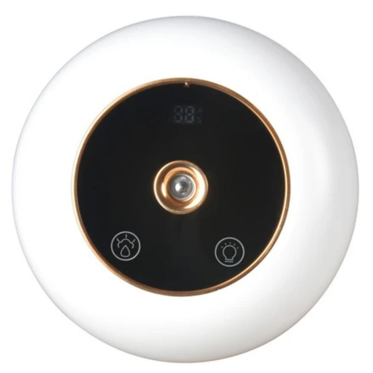 Humidificador blanco y dorado. La pantalla negra muestra números. Dos botones con iconos de gota y luz.