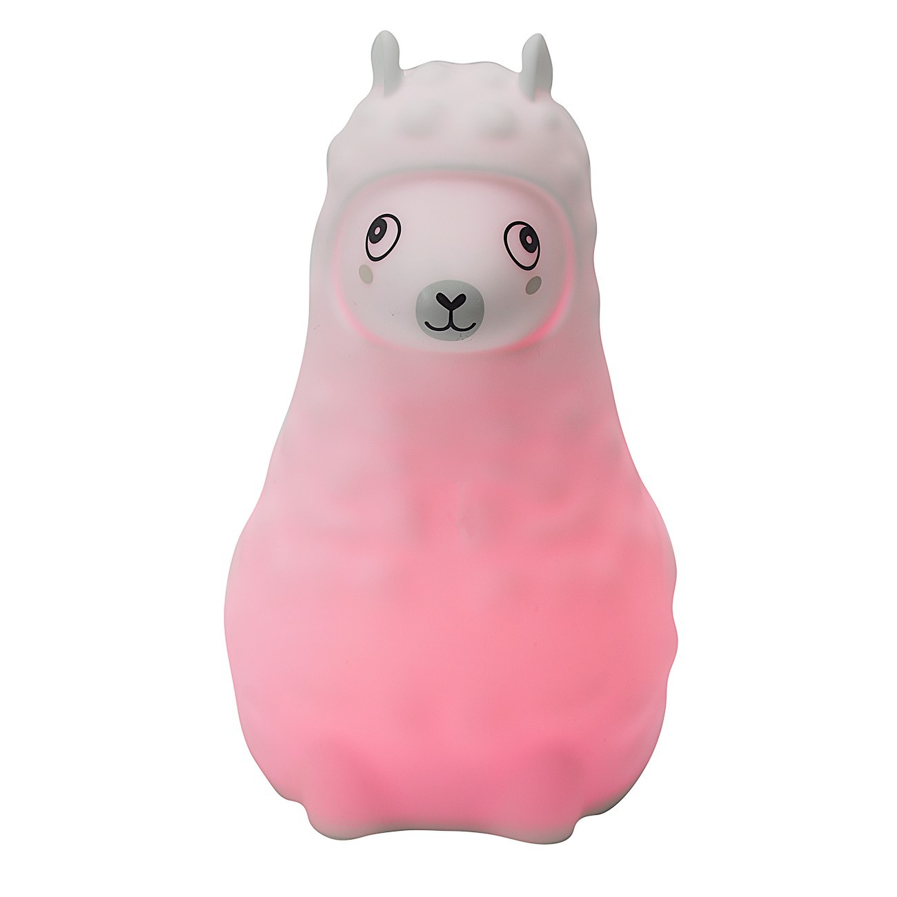 Lámpara de noche en forma de llama, brillo rosa. Llama blanca con sombrero, sobre blanco.