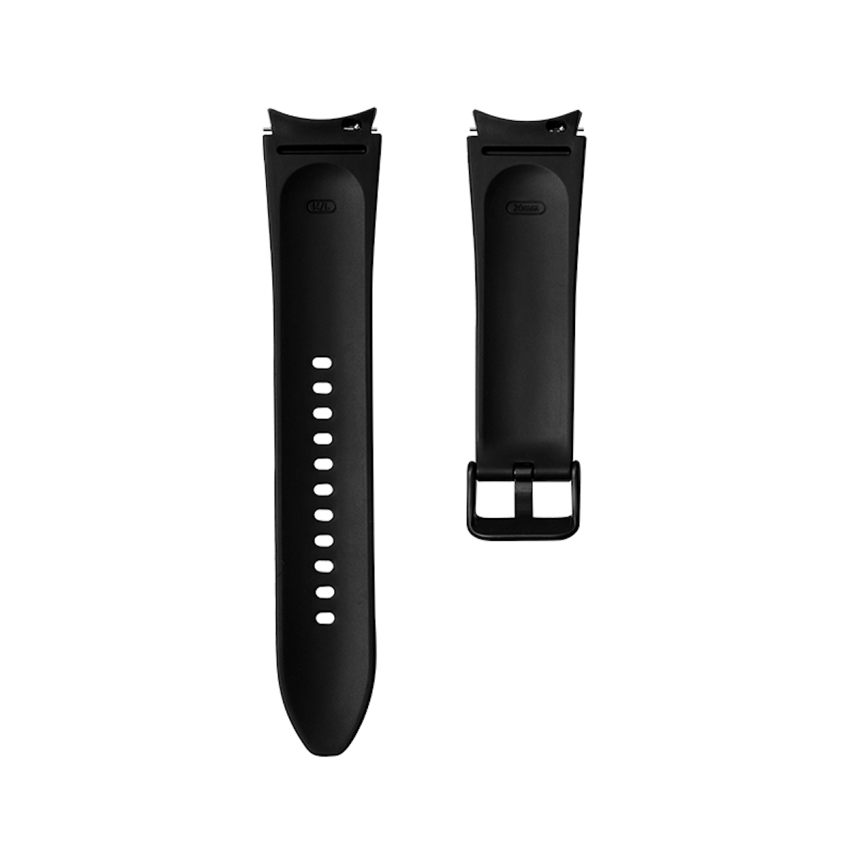 Zwei schwarze Uhrenarmbänder mit Löchern und einer Schnalle, flach liegend.
