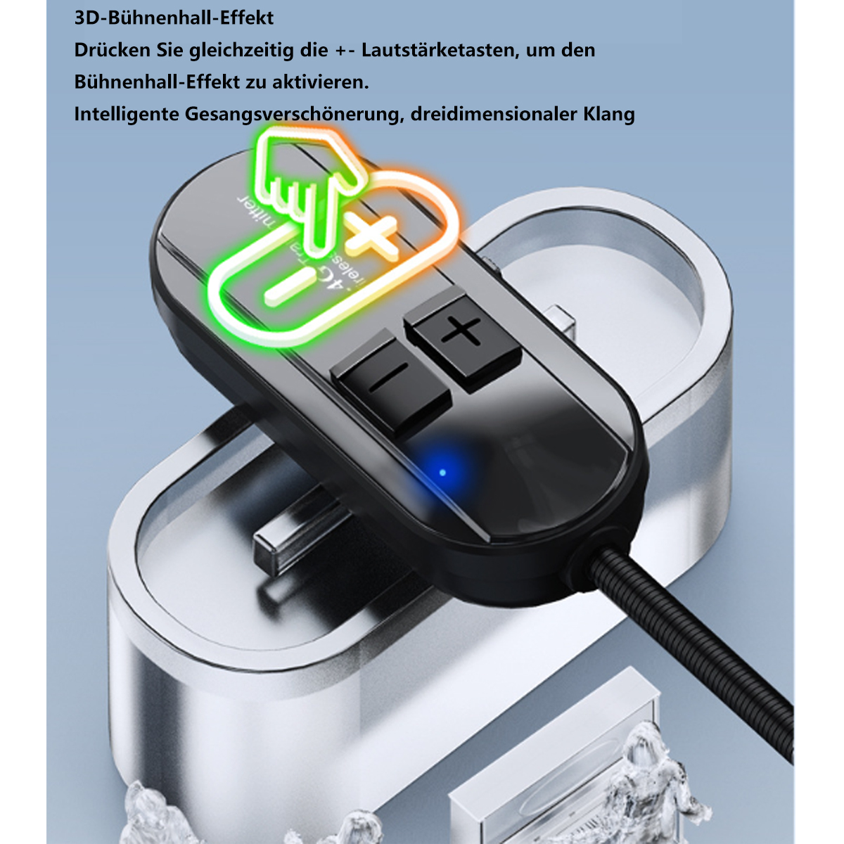 Dispositivo de control con botones y texto. Activación del efecto de escenario y volumen.