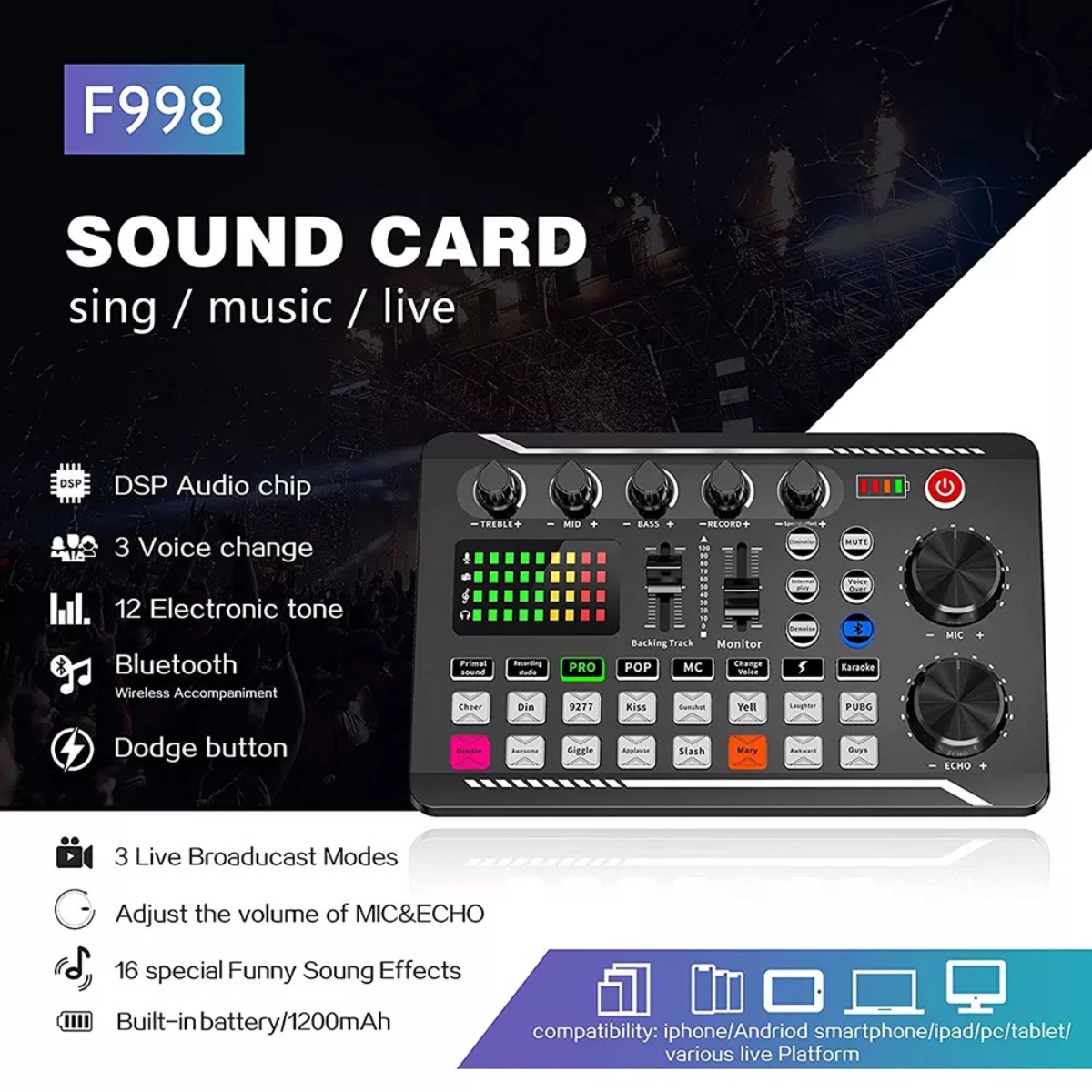 Tarjeta de sonido negra con varios botones y texto. El texto incluye 'SOUND CARD' y 'sing / music / live'.