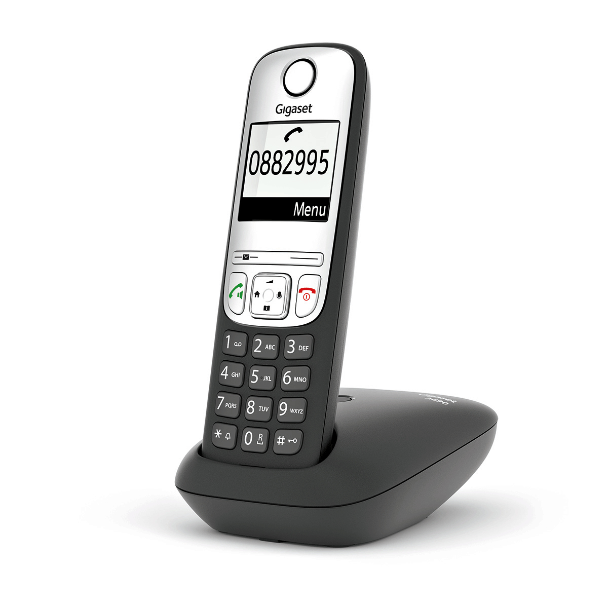 Teléfono inalámbrico negro con una pantalla digital que muestra un número de teléfono. La base es negra.