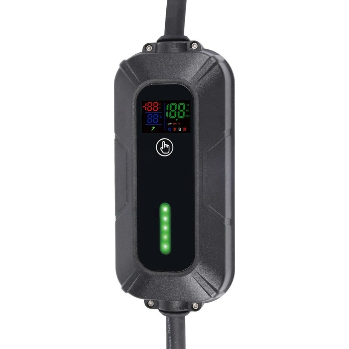 Un caricabatterie per auto elettriche nero con display digitale.