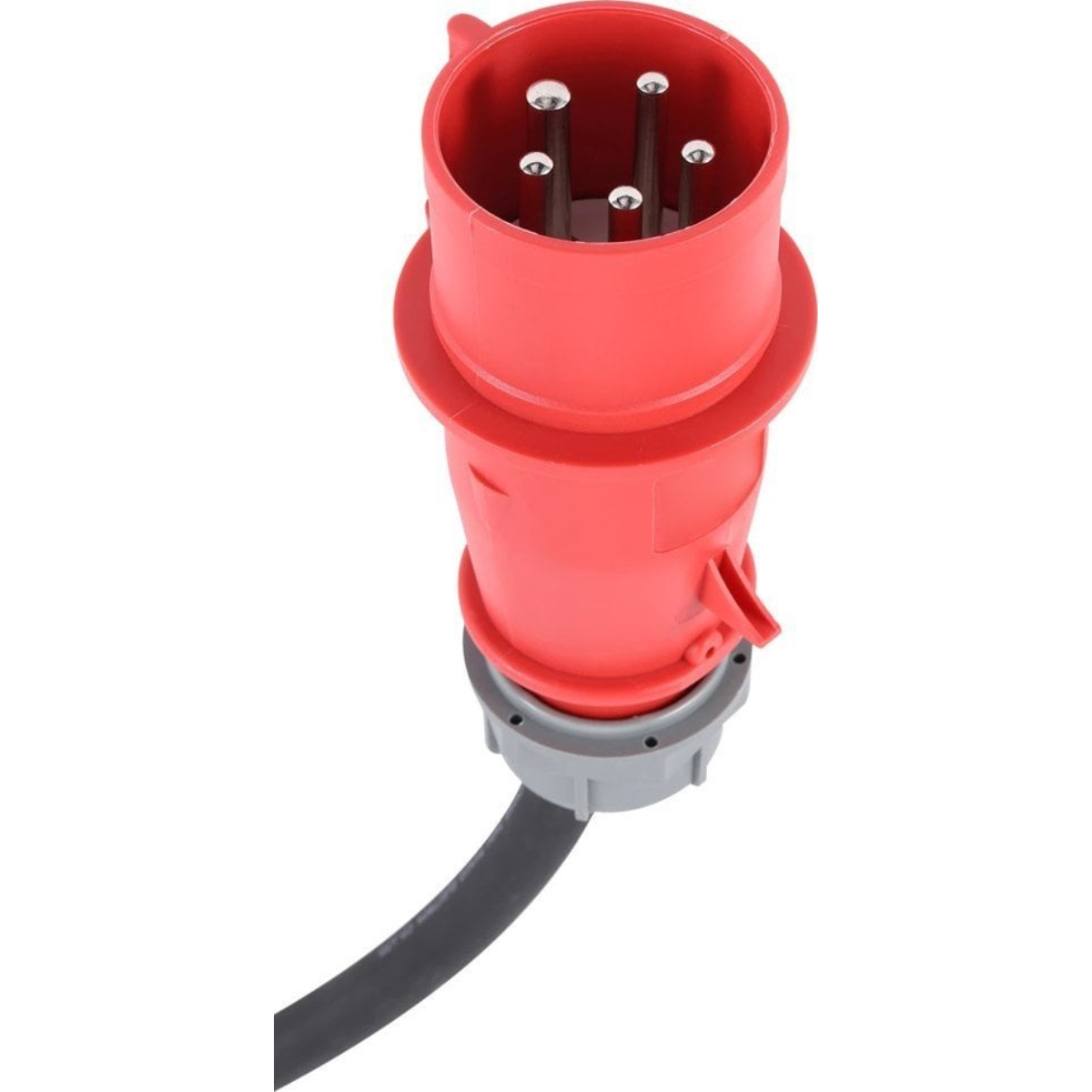 Un connettore elettrico industriale rosso con un cavo nero collegato.