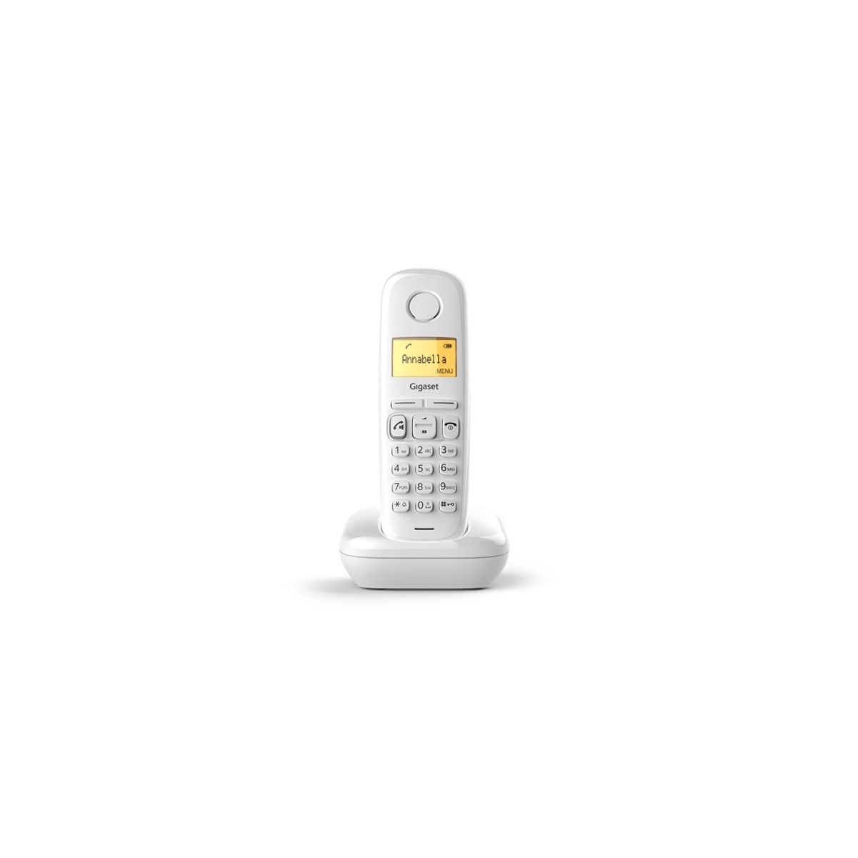 Teléfono inalámbrico blanco con una pantalla que muestra un nombre y un número de teléfono.