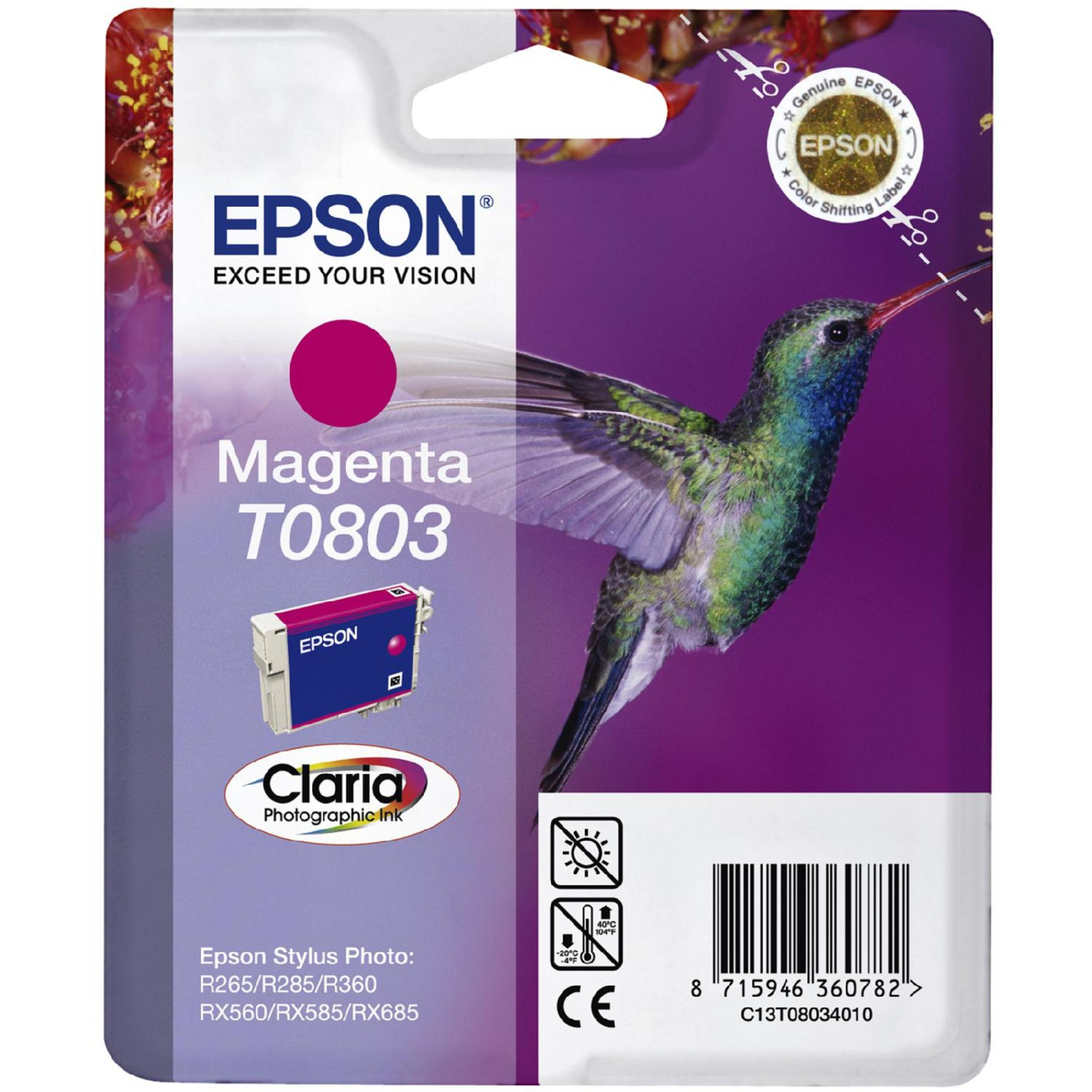Wkład atramentowy Epson magenta z kolibrem na magenta tle. Opakowanie produktu.