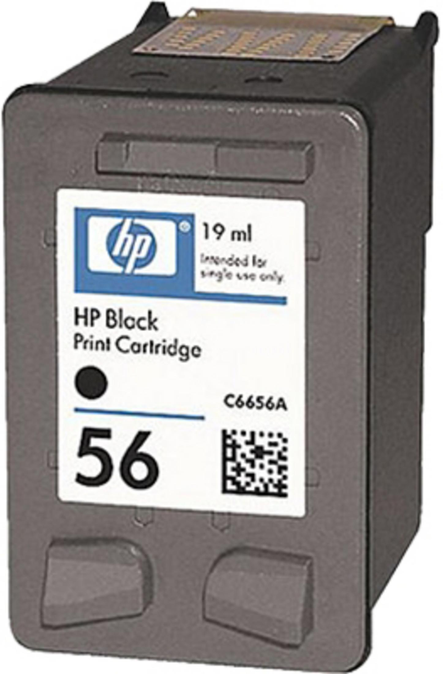 Schwarze HP-Druckpatrone mit Etikett. Weißer Hintergrund.