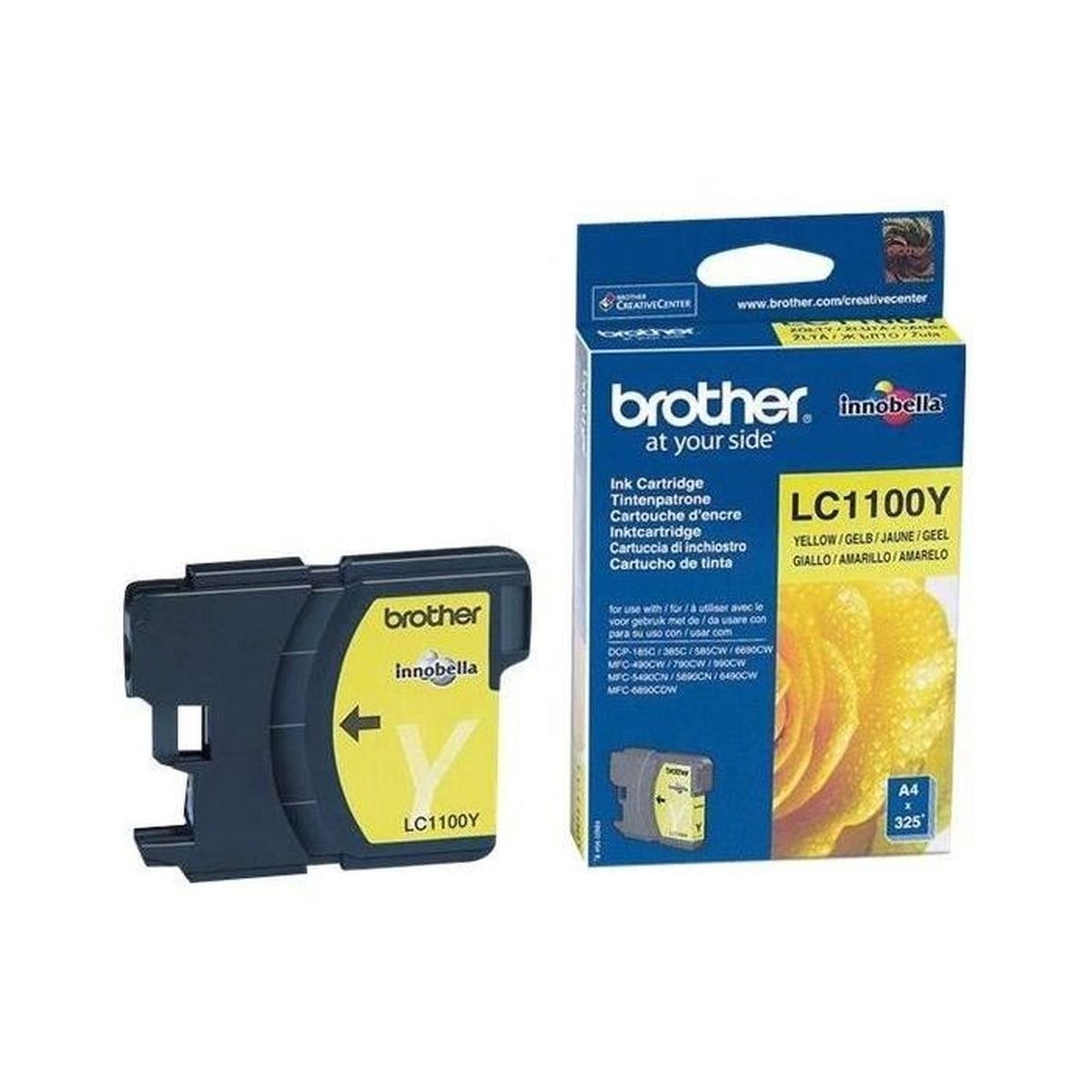 Ink cartridge and box. The box shows the cartridge and the text 'brother. at your side'.