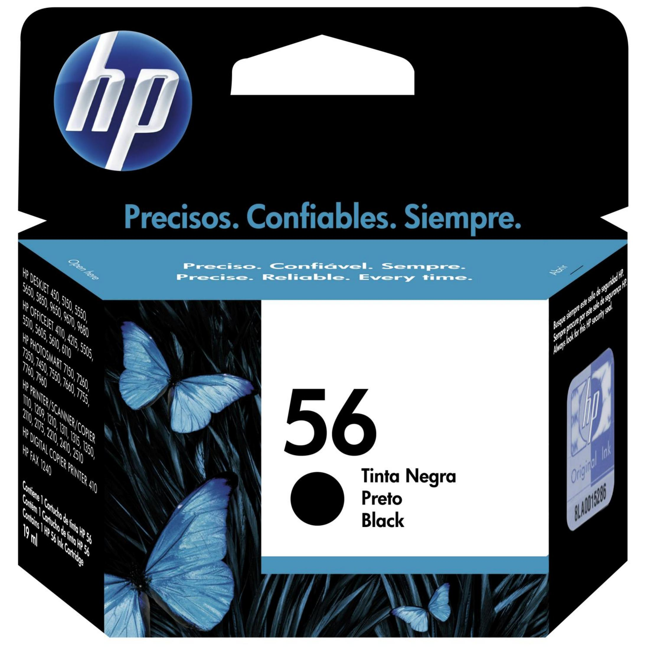 HP Tintenpatronenbox. Schwarze Tinte 56. Blaue Schmetterlinge und HP-Logo auf weißem Hintergrund.