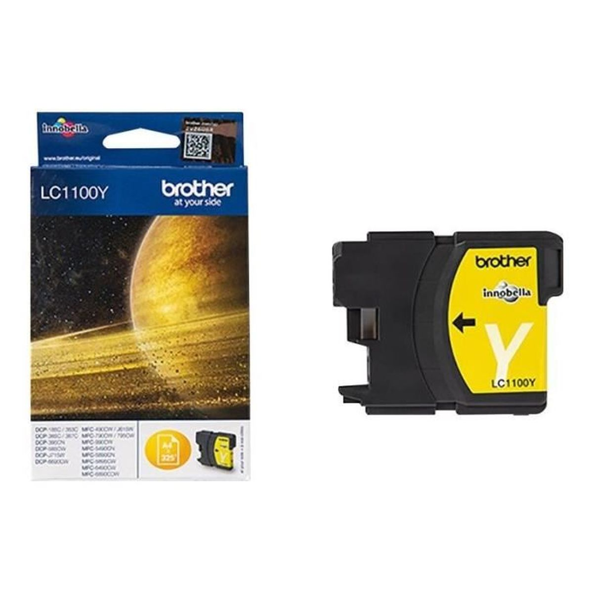 Brother printer ink cartridges and box. The box shows a planet. The ink cartridge is yellow.
