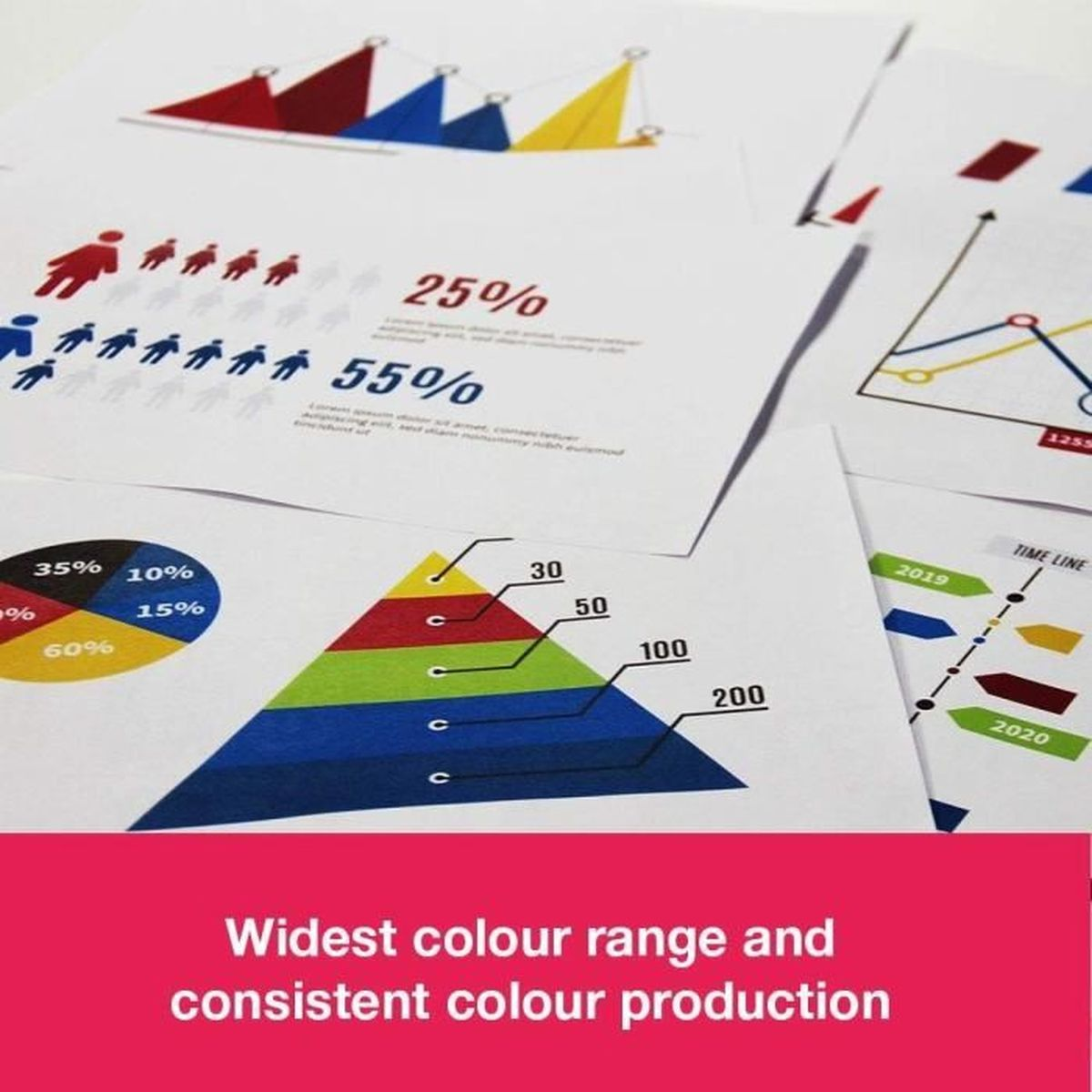 Dokumenty z wykresami. Wykres piramidy, wykres słupkowy i oś czasu, z tekstem na dole.