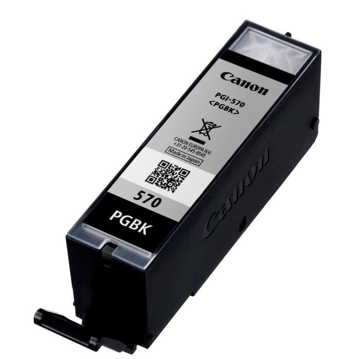 Czarny tusz Canon PGI-570 PGBK z kodem QR i etykietą Made in Japan.