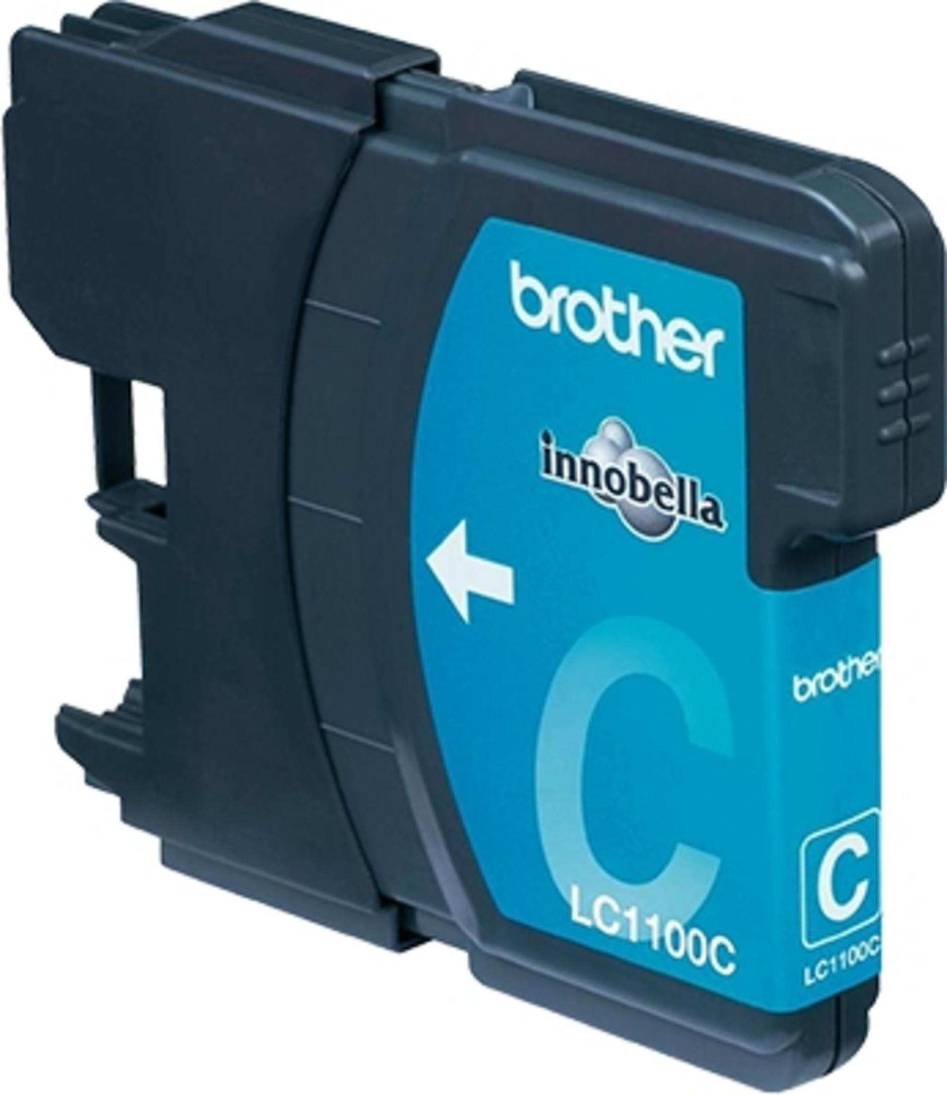 A Brother cyan ink cartridge with a white arrow, pointing to the letter 'C'.