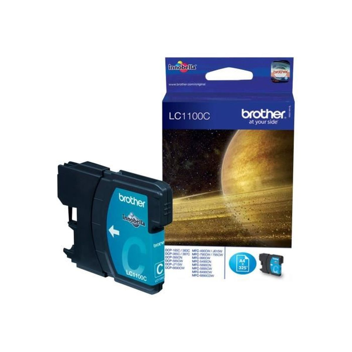 Brother printer ink cartridge and box with planet graphic, against white background.