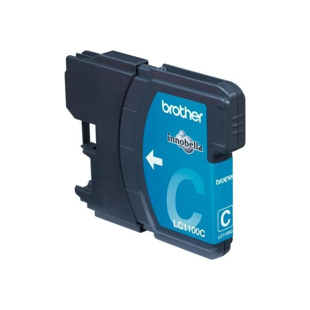 Ink cartridge with a blue and white label. White arrow. White background.