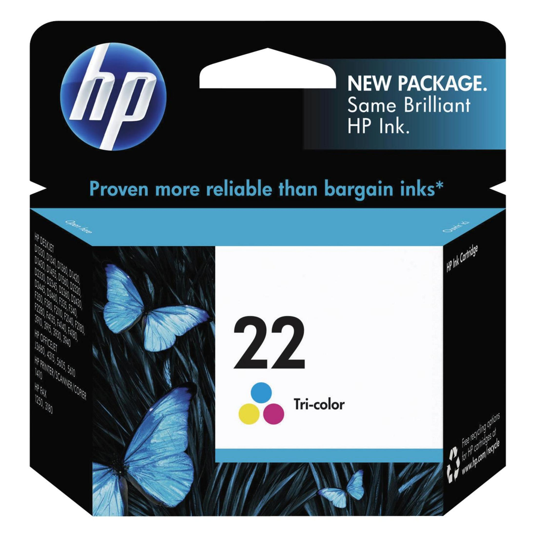 Caja de cartucho de tinta HP con mariposas, tinta tricolor y el logotipo de HP en la parte superior.