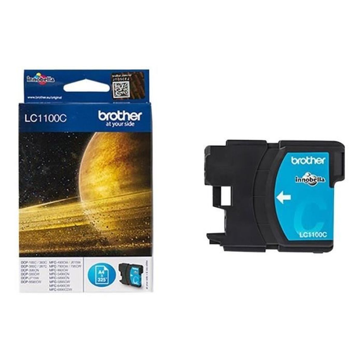 Brother LC1100C ink cartridge and its packaging. The cartridge is cyan.