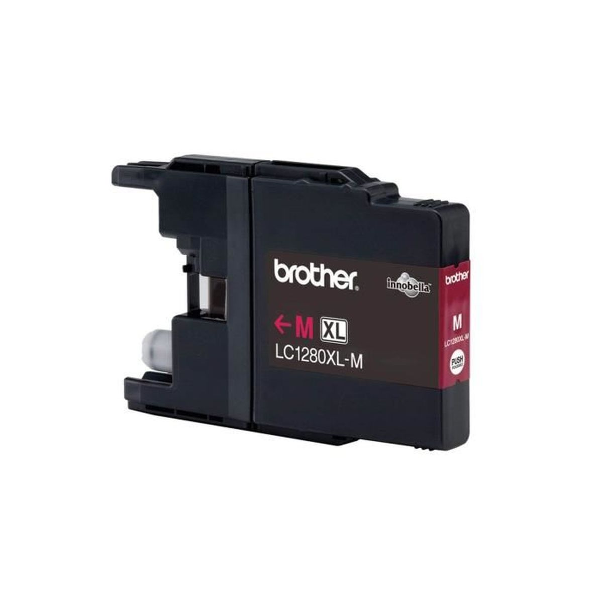 Czarny wkład atramentowy Brother. Wkład ma tekst i czerwoną sekcję. Białe tło.