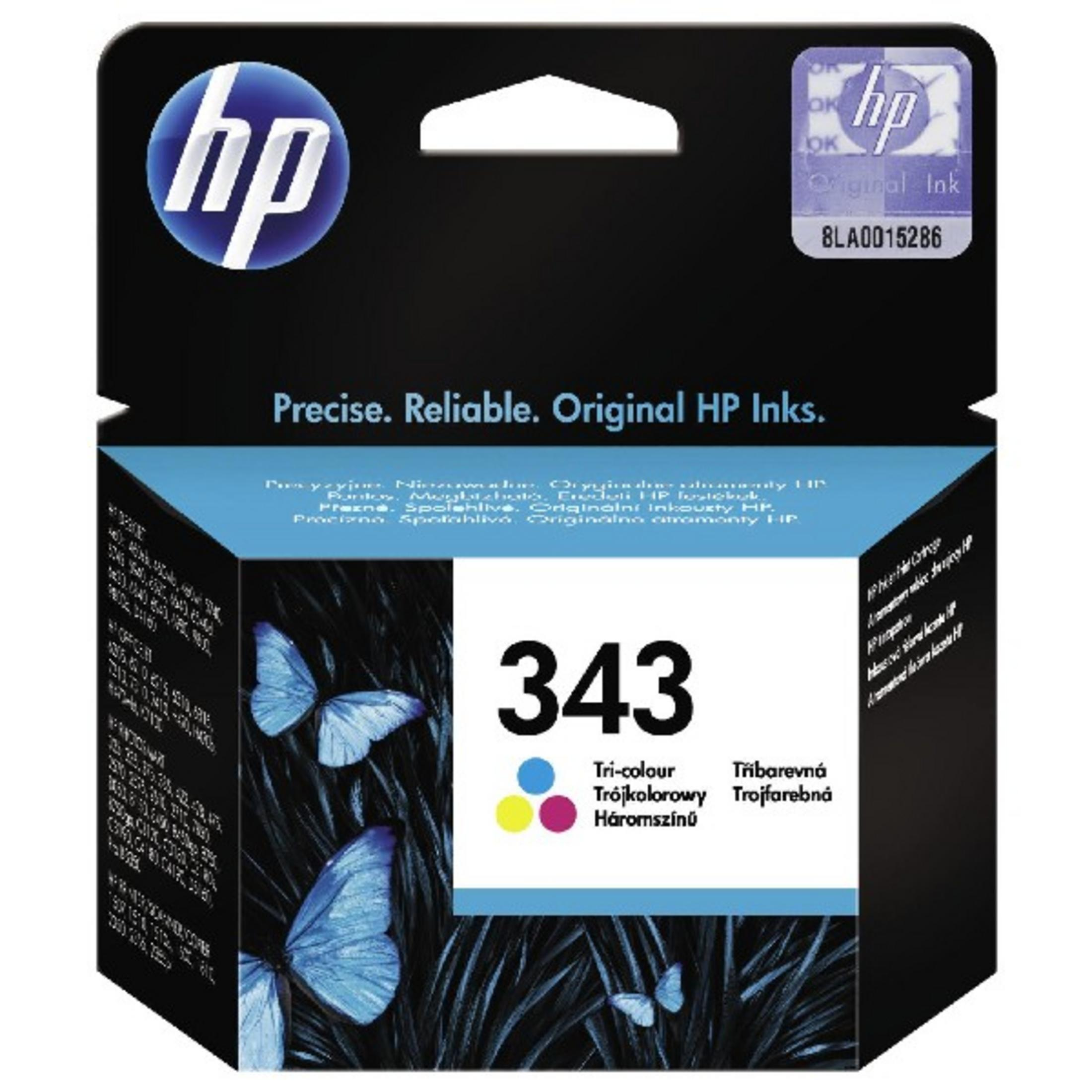 Wkład atramentowy HP 343 Tri-color i opakowanie. Opakowanie pokazuje motyle i szczegóły atramentu.