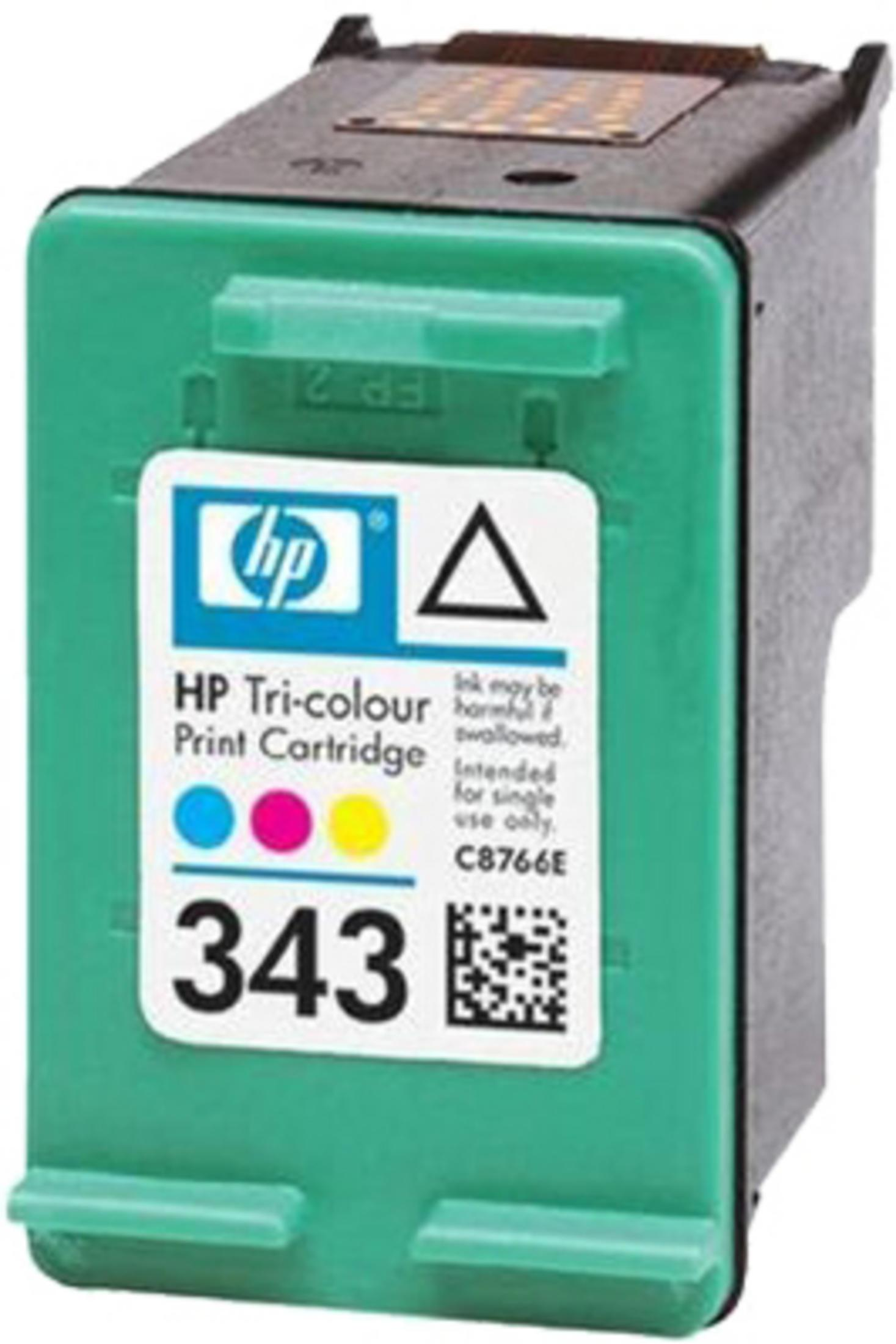 Wkład atramentowy HP Tri-color. Wkład jest zielony z białą etykietą.