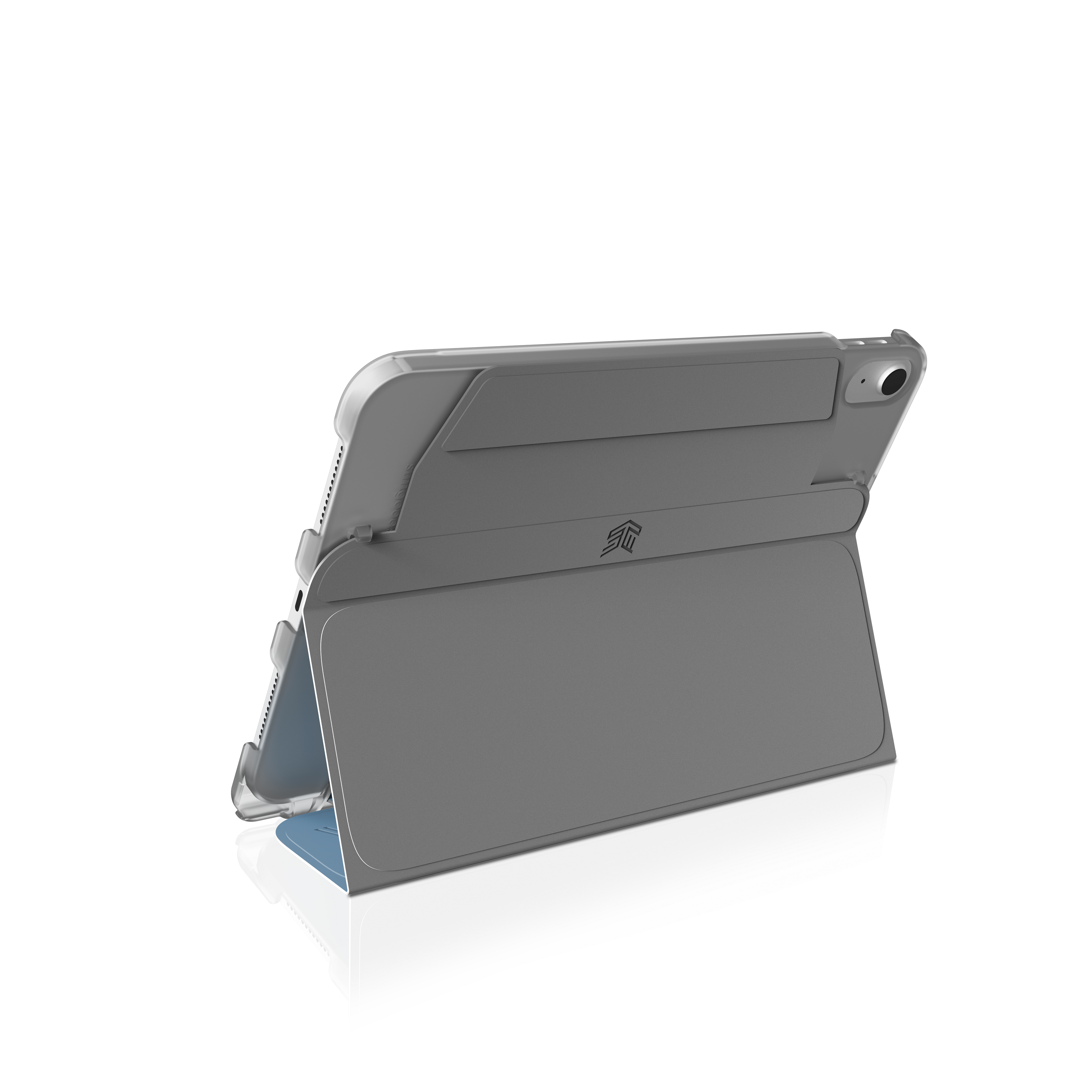 Eine graue Tablethülle mit Ständer. Das Tablet befindet sich in der Hülle und der Bildschirm ist sichtbar.