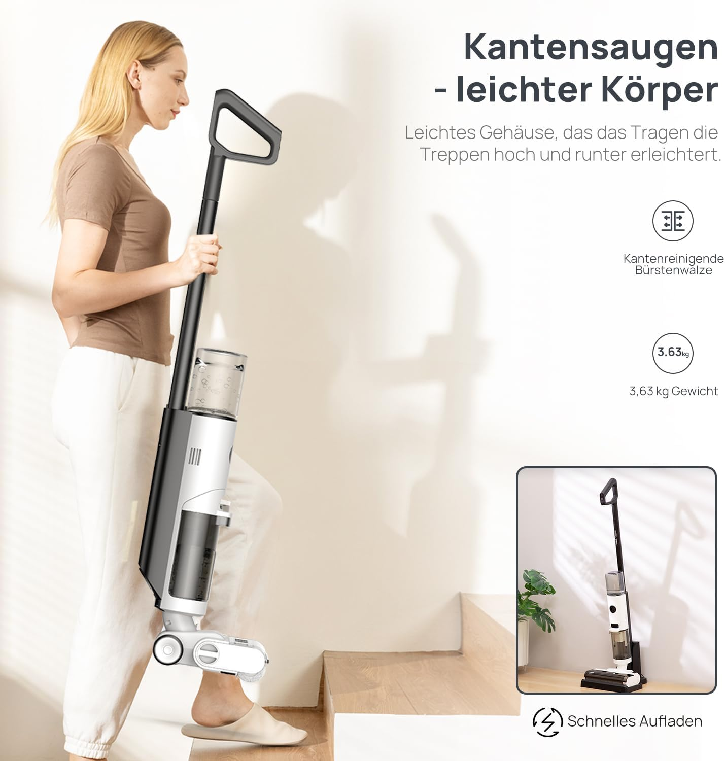 Kobieta używająca czarno-białego odkurzacza na schodach. Odkurzacz jest pionowy.