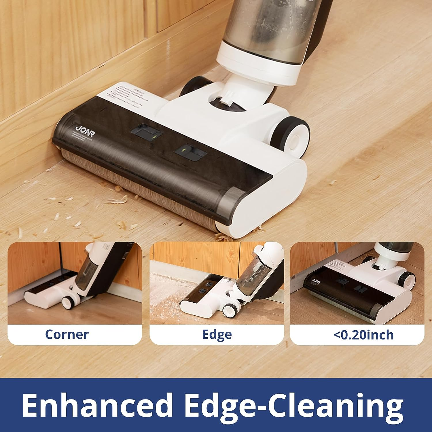 Czarno-biała głowica odkurzacza czyszcząca drewnianą podłogę. Trzy widoki: narożnik, krawędź, <lt/>0,20 cala.