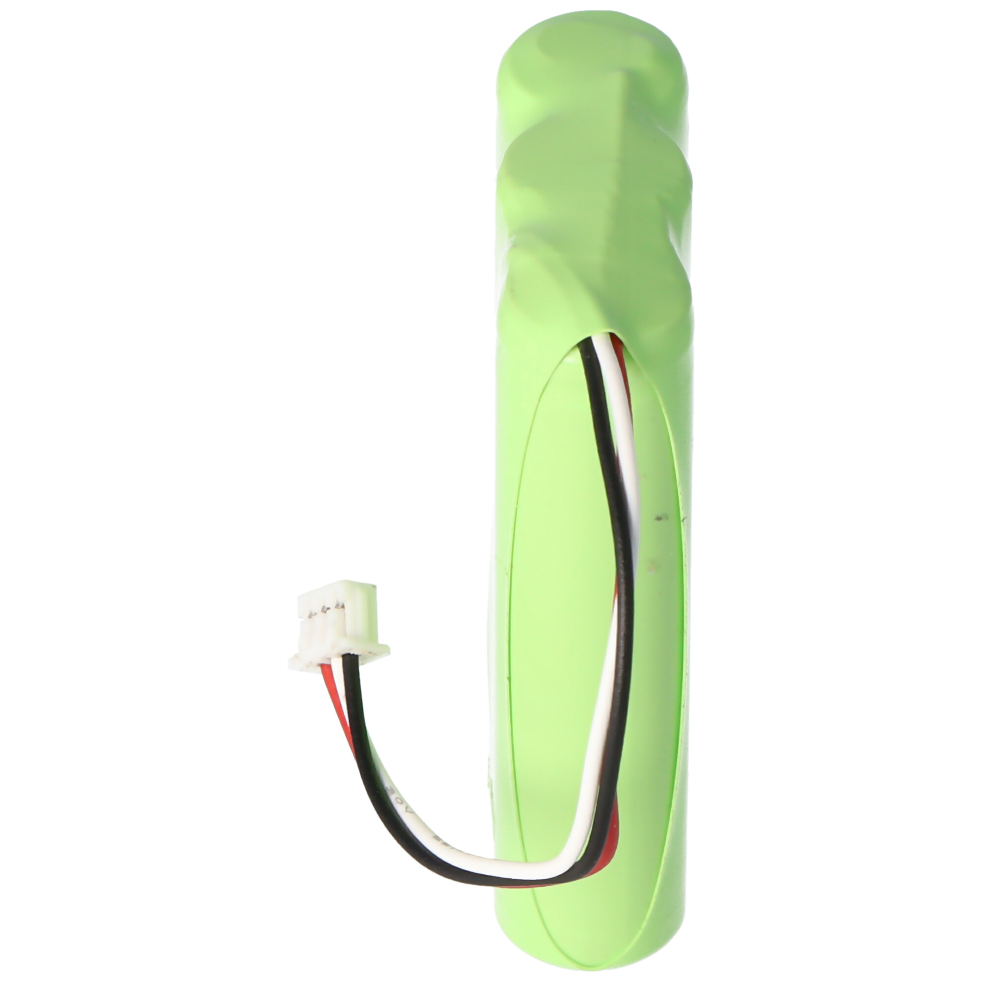 Grüne Batterie mit weißen, schwarzen und roten Drähten, weißem Stecker, auf weißem Grund.