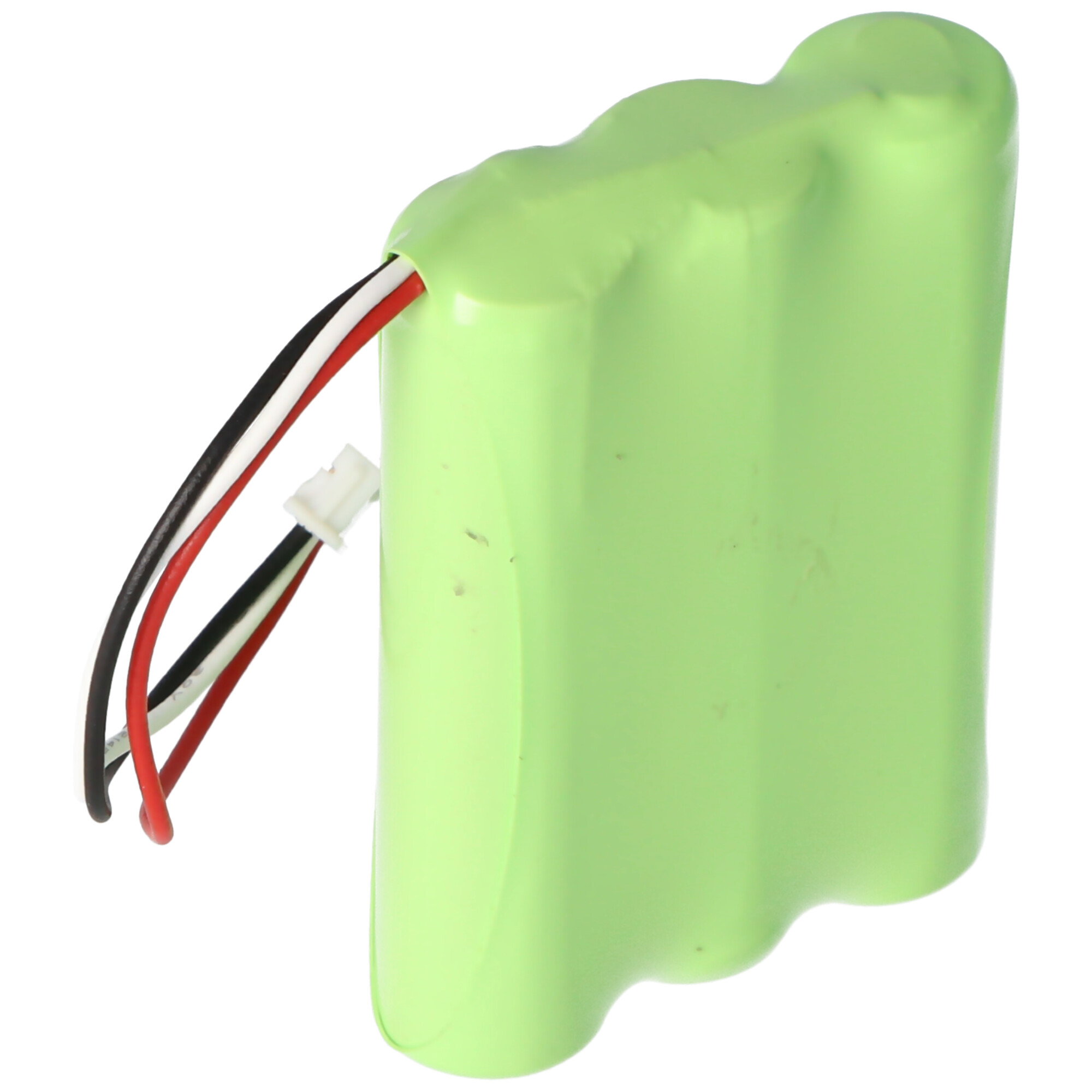 Grünes Akkupack mit angeschlossenen schwarzen, weißen und roten Drähten und einem weißen Stecker.
