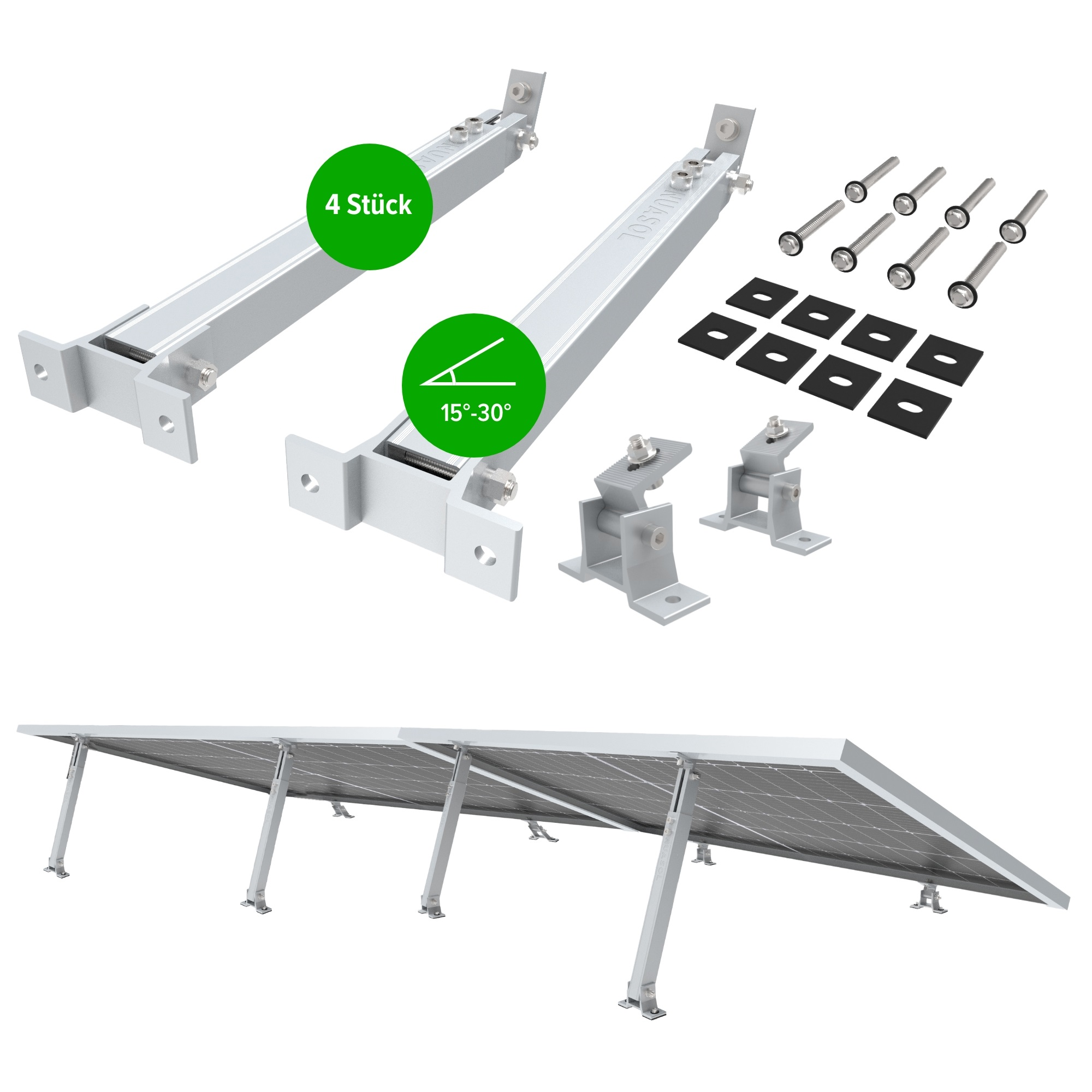 Solarpanel-Montagesatz mit Paneelen. Der Satz hat Halterungen, Schrauben und eine grüne Winkelanzeige.