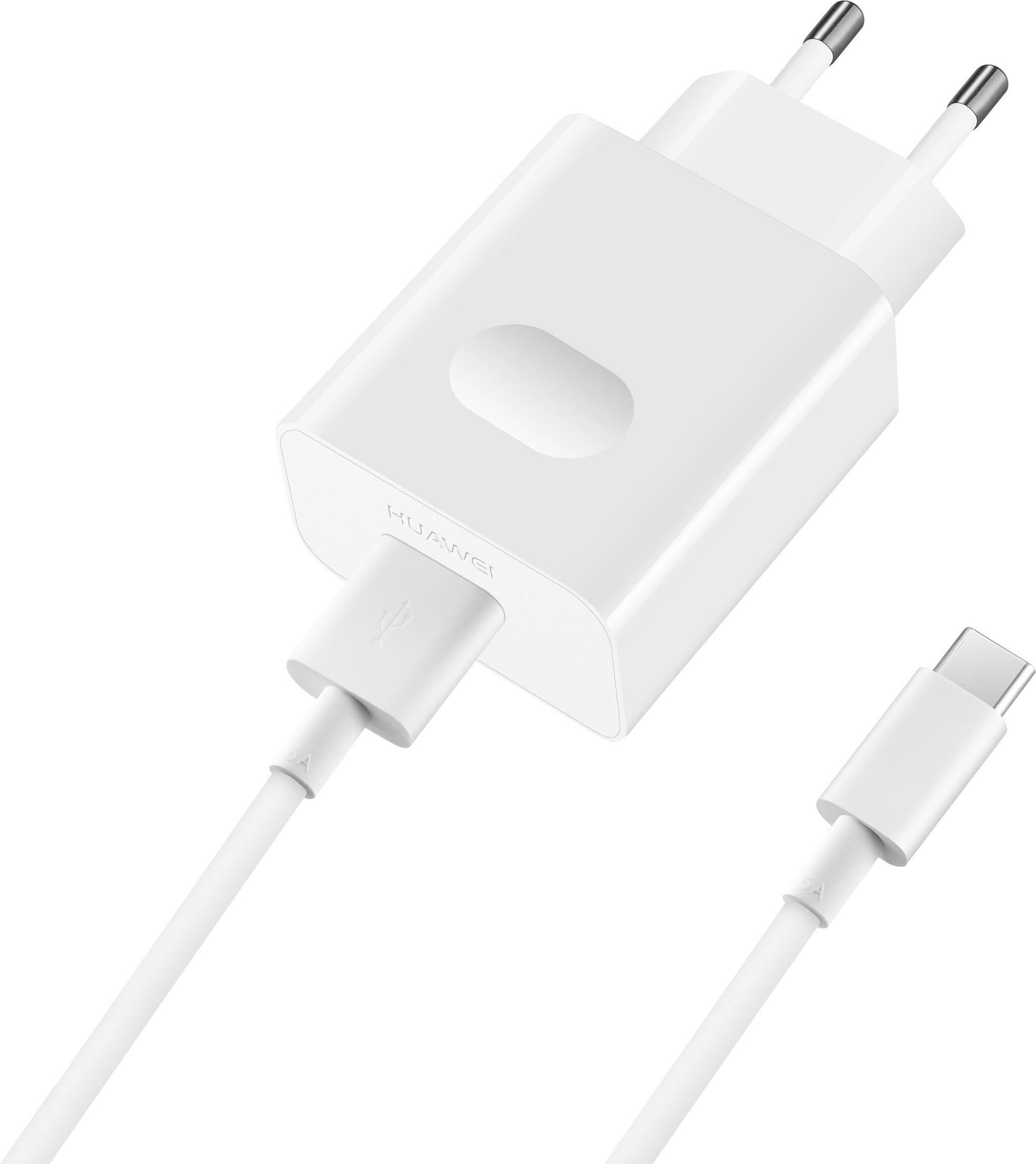 Caricabatterie Huawei bianco con cavo e connettore USB-C su superficie bianca.
