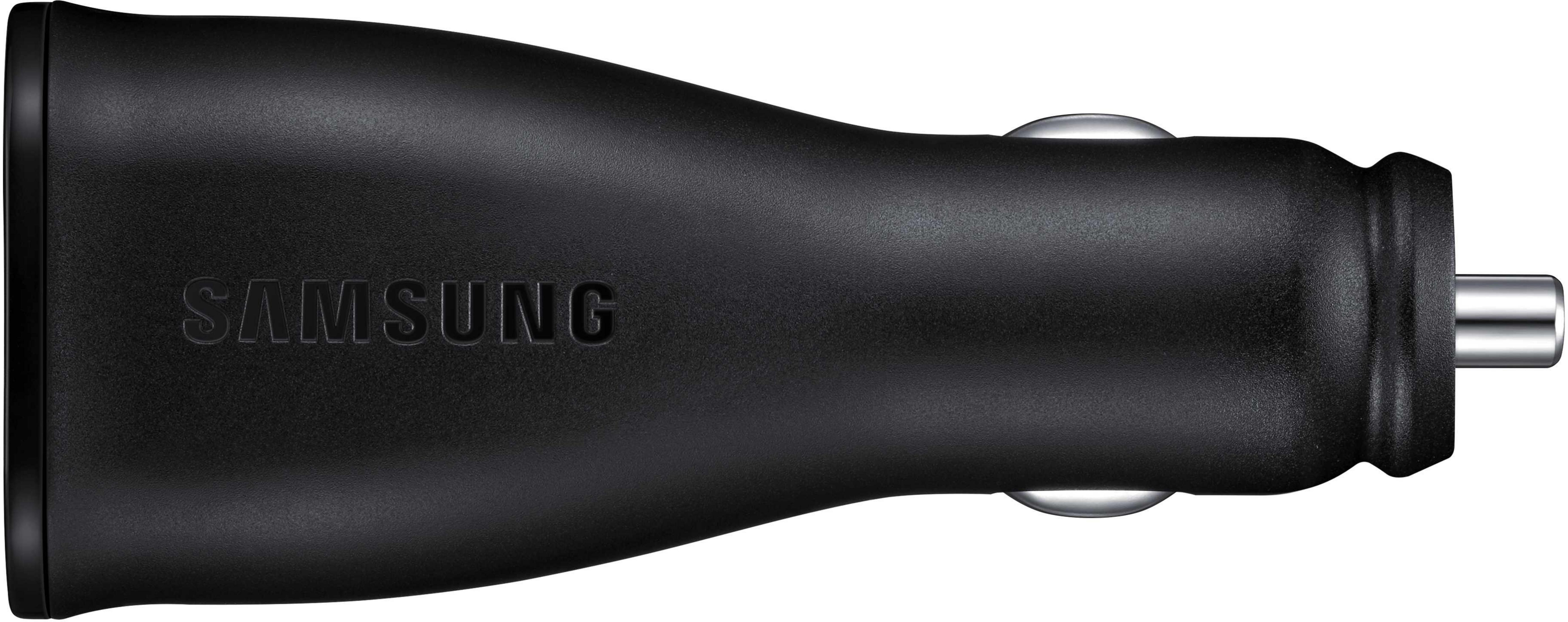 Caricatore per auto Samsung nero. Ha una punta argentata e il marchio è visibile.