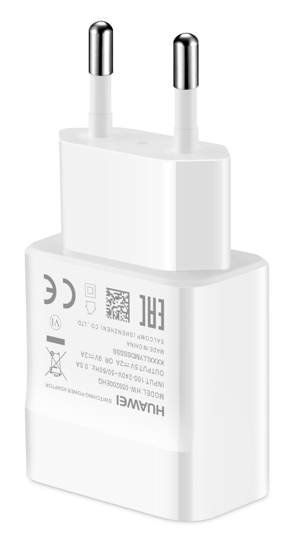 Un adattatore di alimentazione switching Huawei bianco.