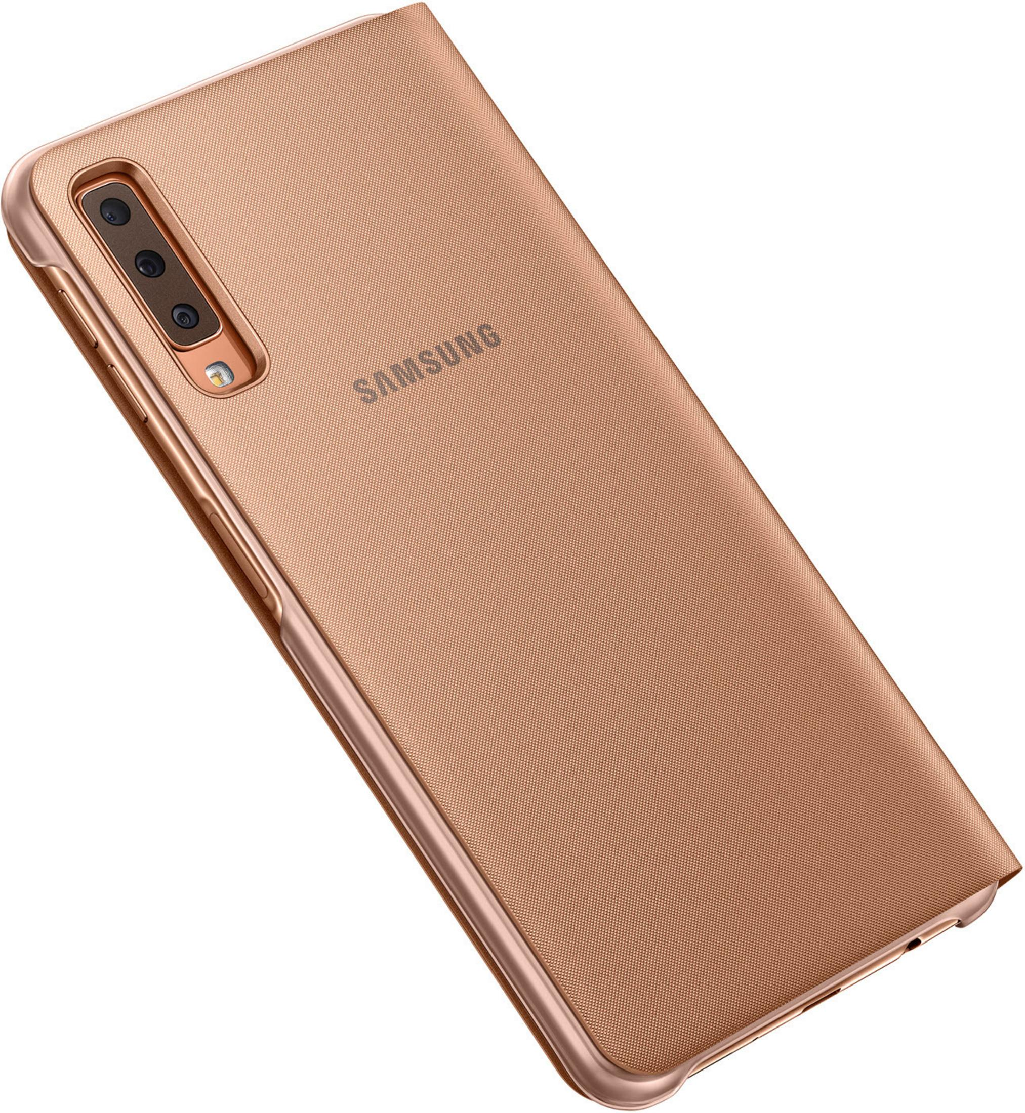 Custodia per telefono oro rosa su bianco. Il logo Samsung è visibile. La custodia è chiusa.