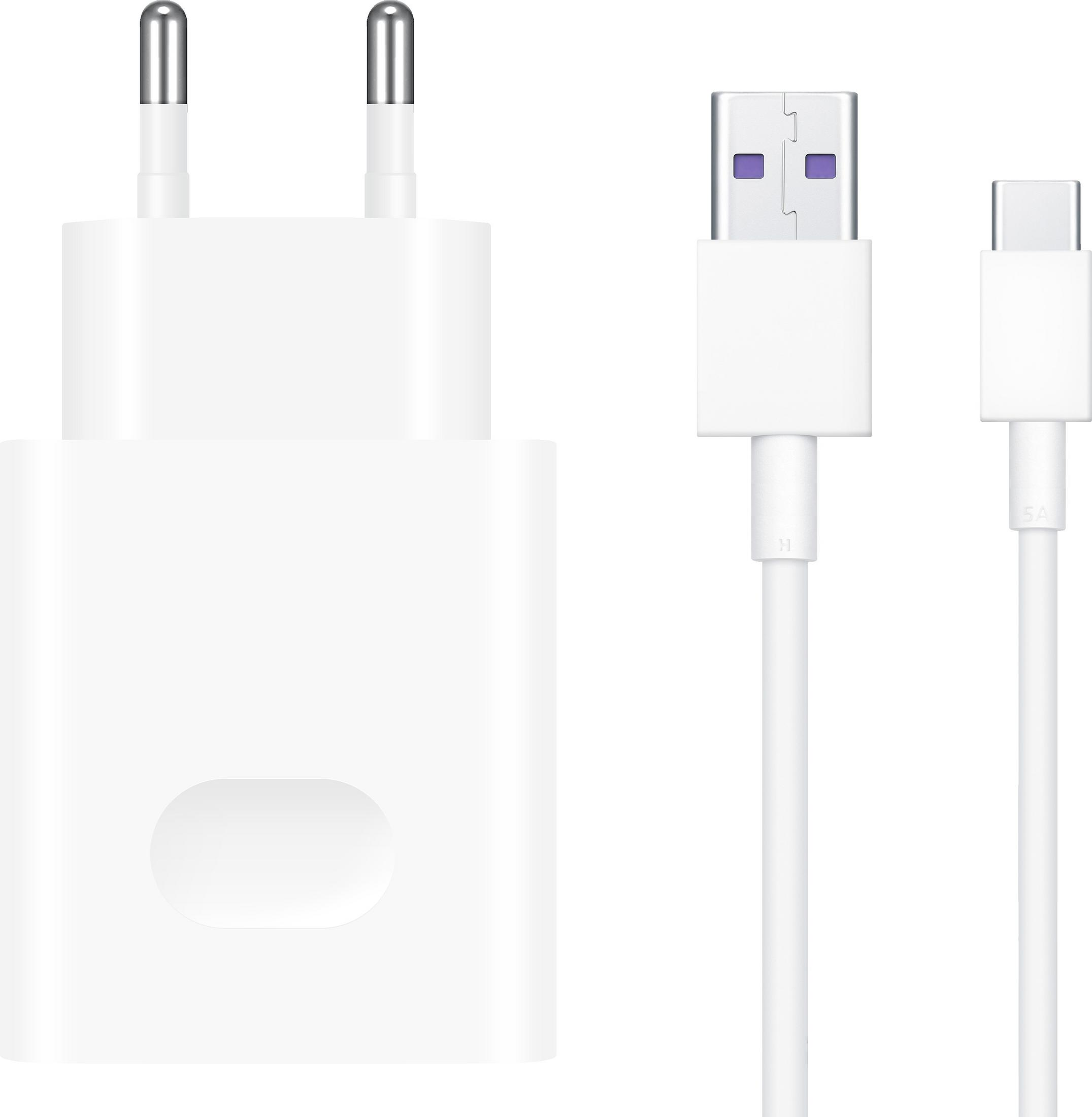 Caricabatterie per telefono bianco con cavo. Ha una spina e un connettore USB e di tipo C.