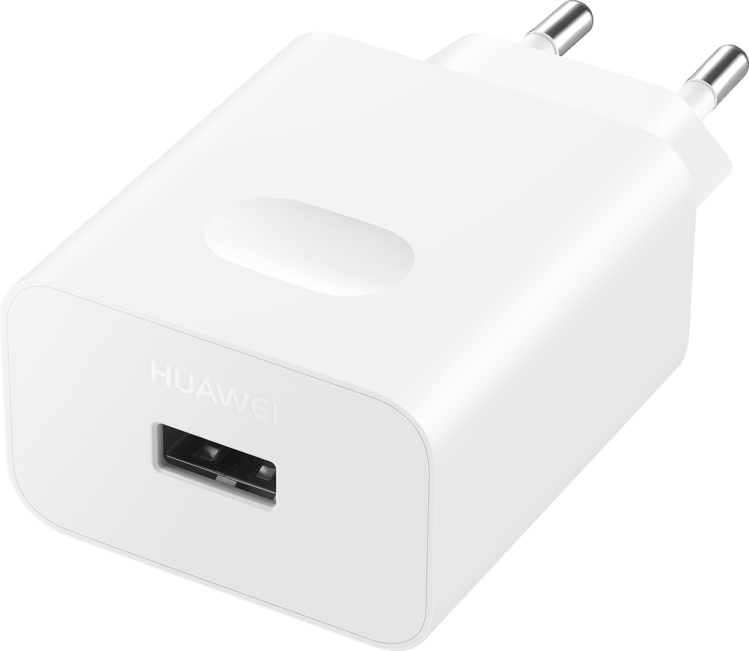 Caricabatterie Huawei bianco con porta USB e due spine metalliche.