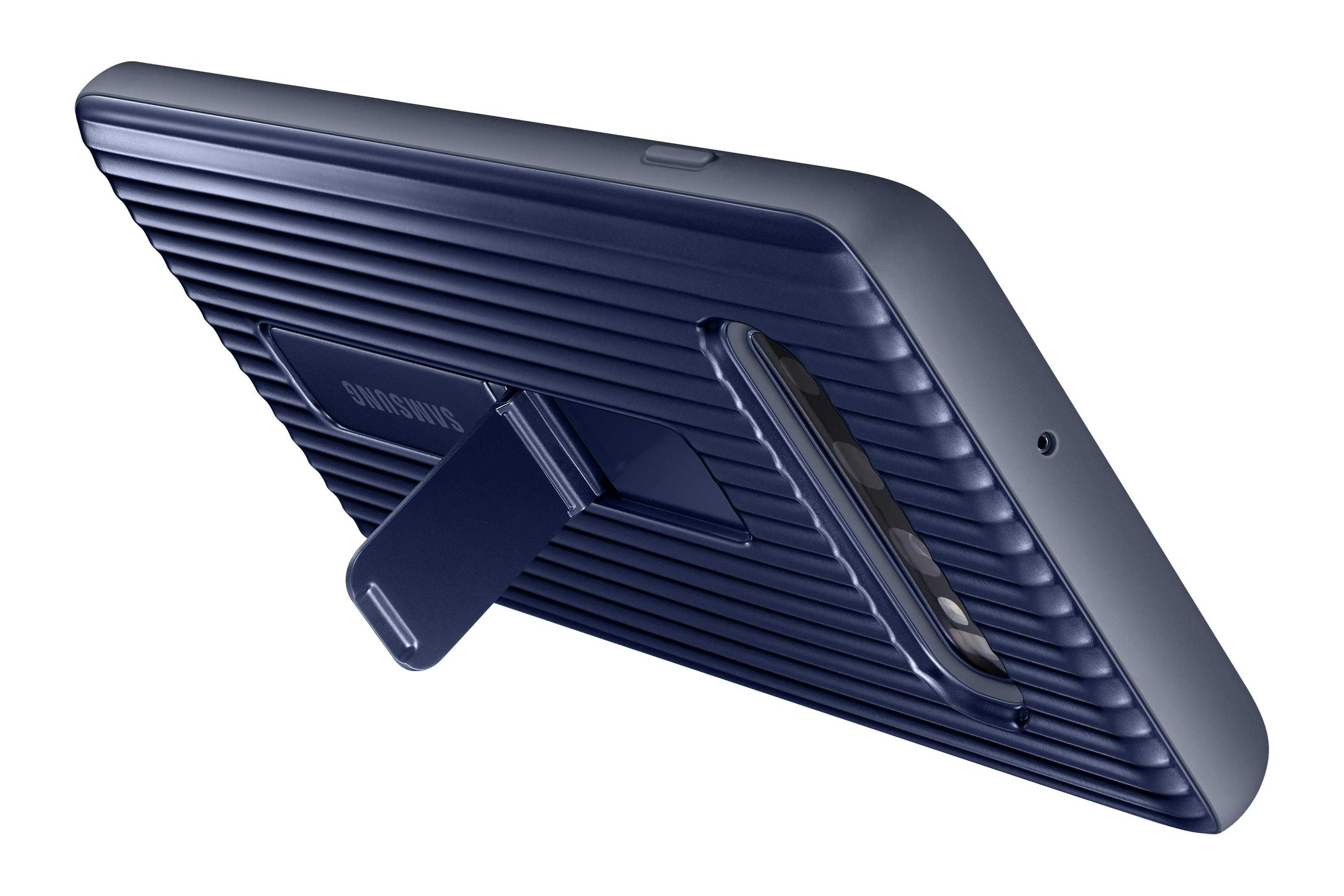 Een marineblauwe Samsung tablet case met een kickstand, op een wit oppervlak.