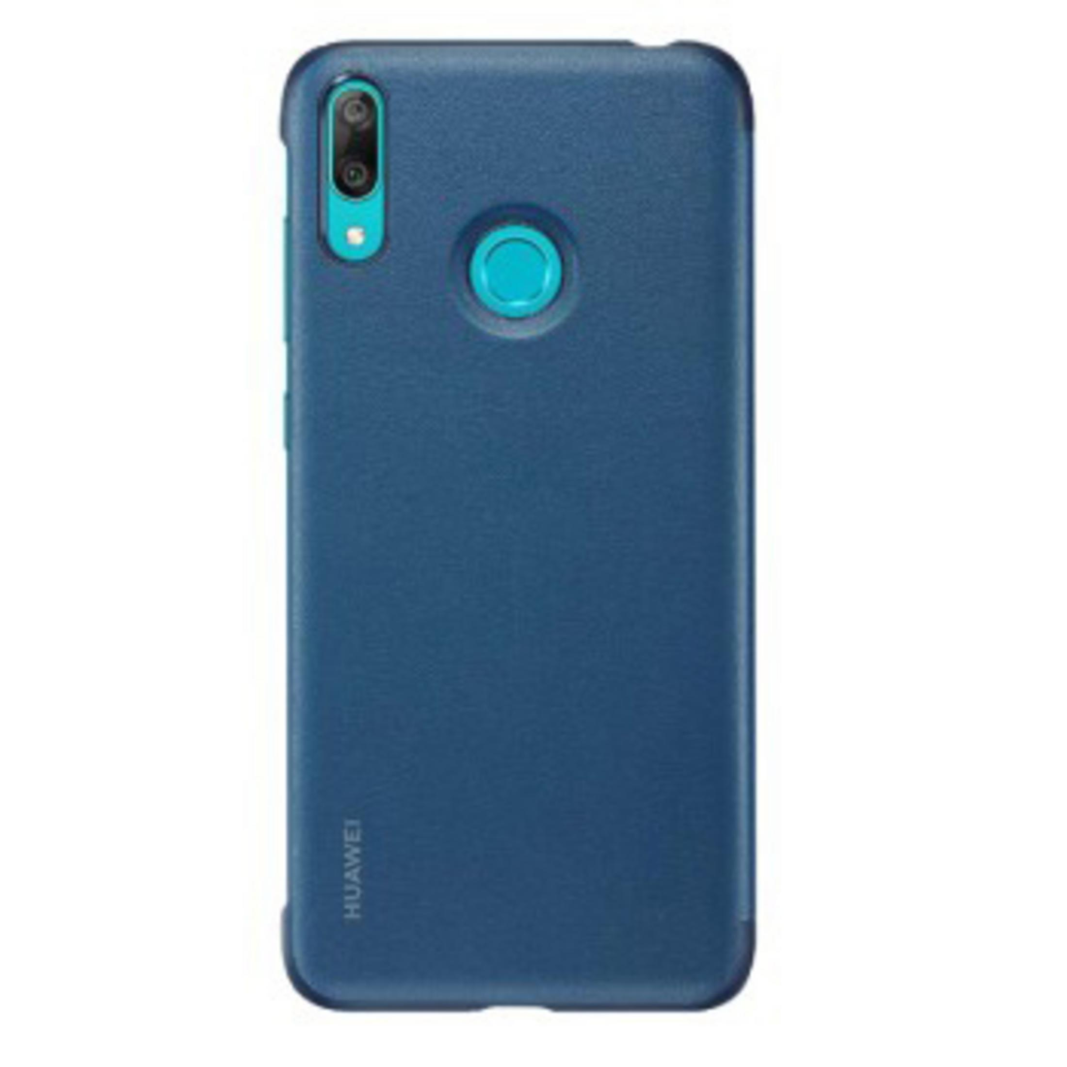 Una custodia blu per un telefono Huawei. La custodia ha ritagli per la fotocamera e il sensore di impronte digitali.